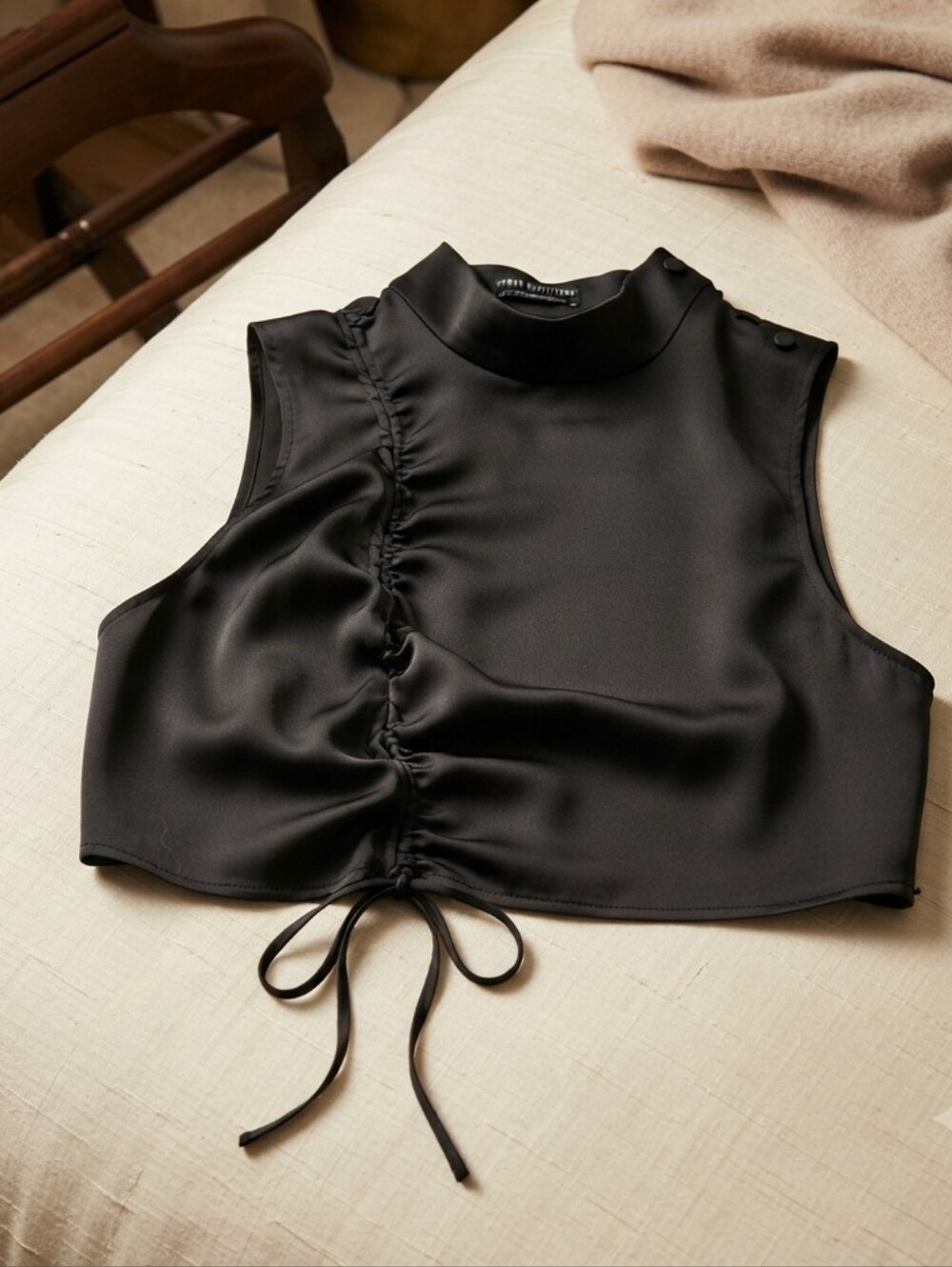 Urban Outfitters Ruched Satin Mock-Neck Crop Top | Black - Picture 3 of 12
